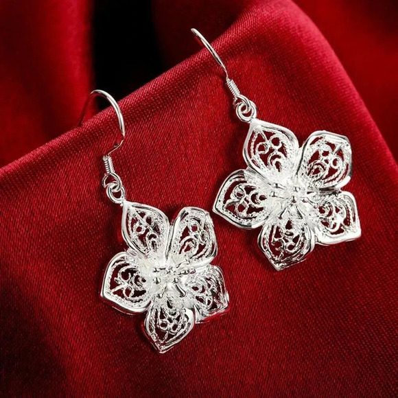 925 Sterling Silver Flower Dangle Drop Earrings - Picture 1 of 5